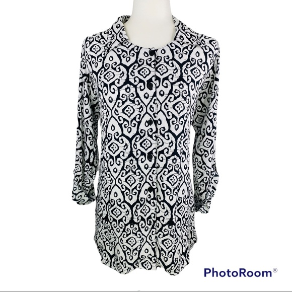 Soft Surroundings Salina Black & White Bohemian Button Up Roll Tap Sleev… - Picture 1 of 13